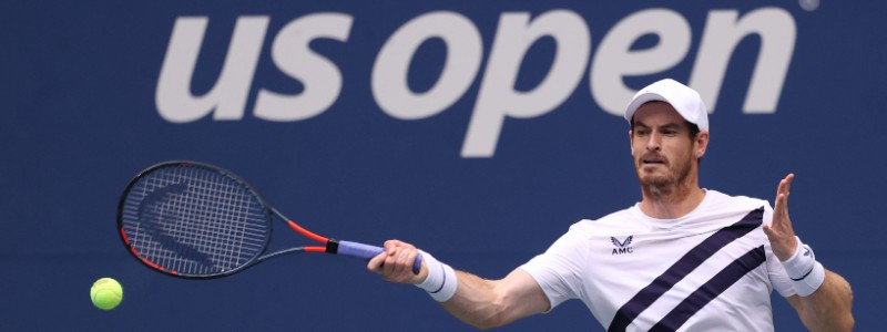 Andy Murray plays a shot in the first round of the 2020 US Open